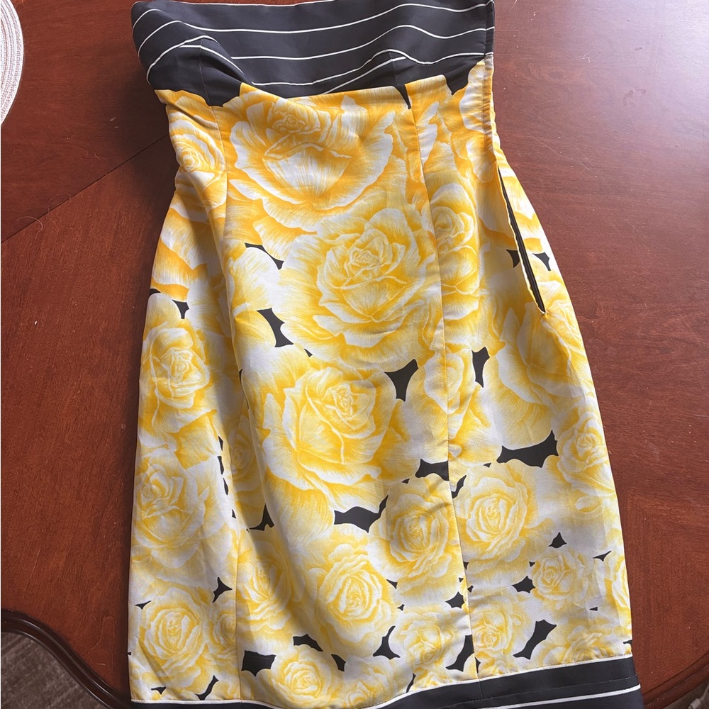 Vintage Versace Strapless Yellow Rose Print Dress with Black Trim